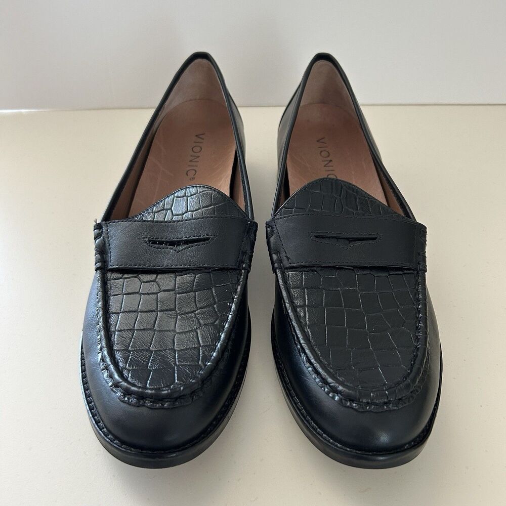 Vionic Waverly Croc Penny Loafers Shoes Womens Size 9.5 Black Leather Orthotic - Picture 3 of 10